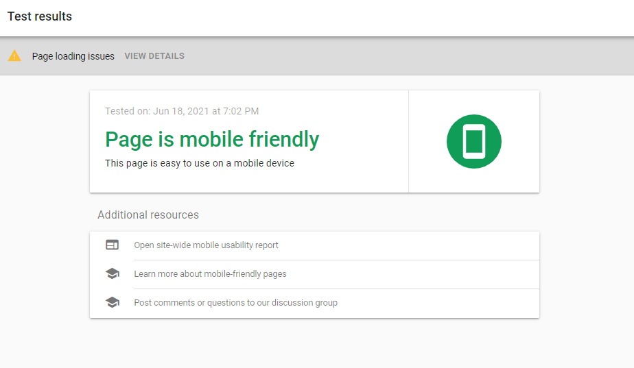 Example results of a Google mobile-friendly test.