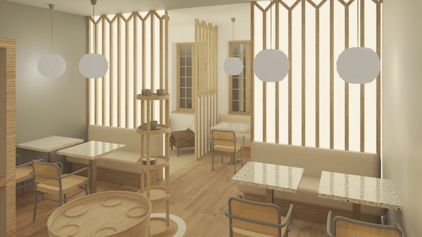 A coffee shop that uses light wooden products