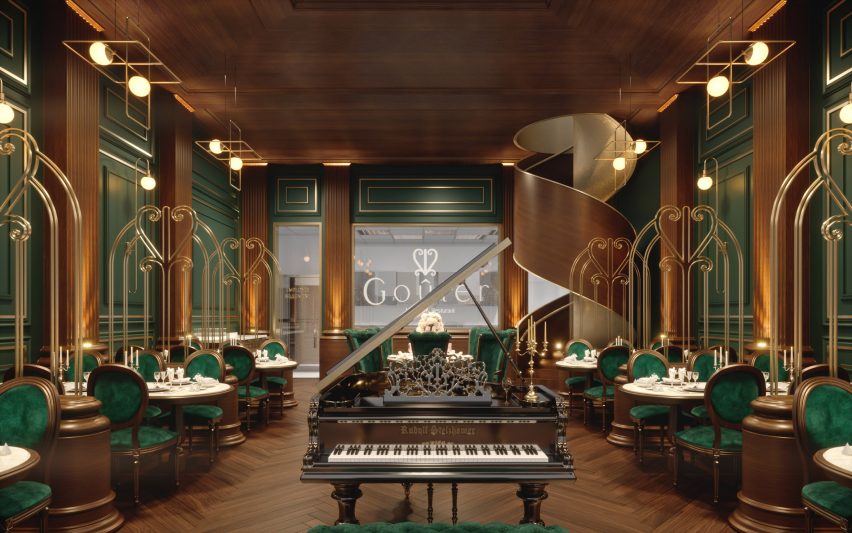 A Luxury French Restaurant With Art-Deco and green velvet aesthetic 